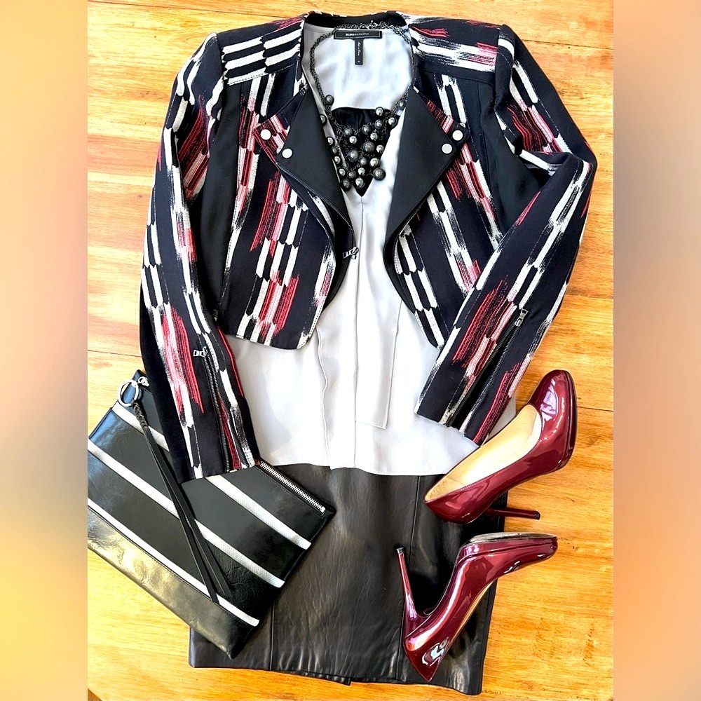 BCBG MaxAzria “Nathan” double lapel cropped Moto jacket.